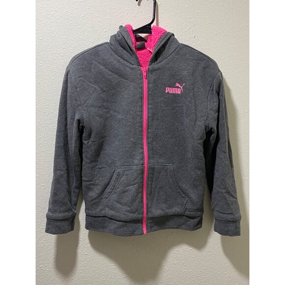 Puma Girls Gray Hoodie With Pink Logo & Sherpa Lining M (10-12) - Picture 5 of 14
